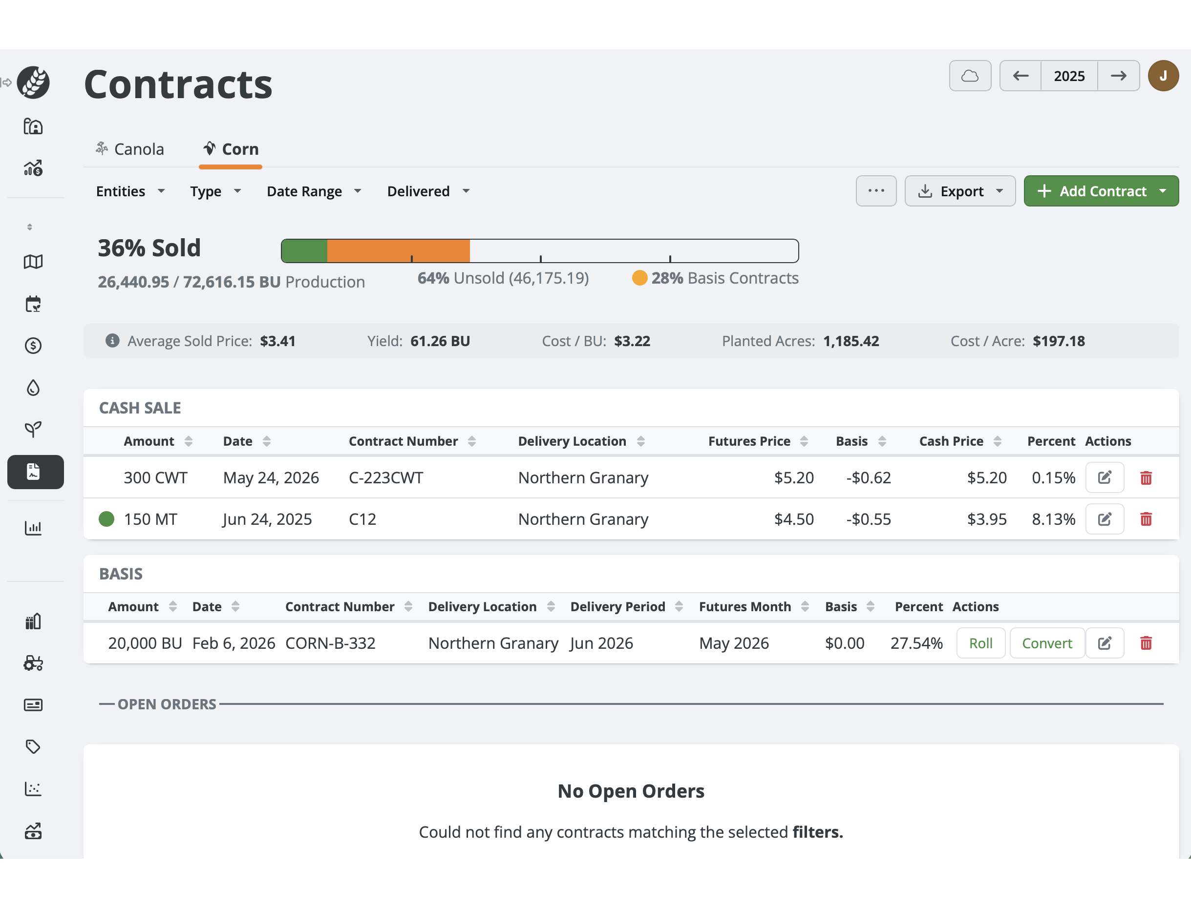 Grain contracts with live basis tracking connected to CBOT futures