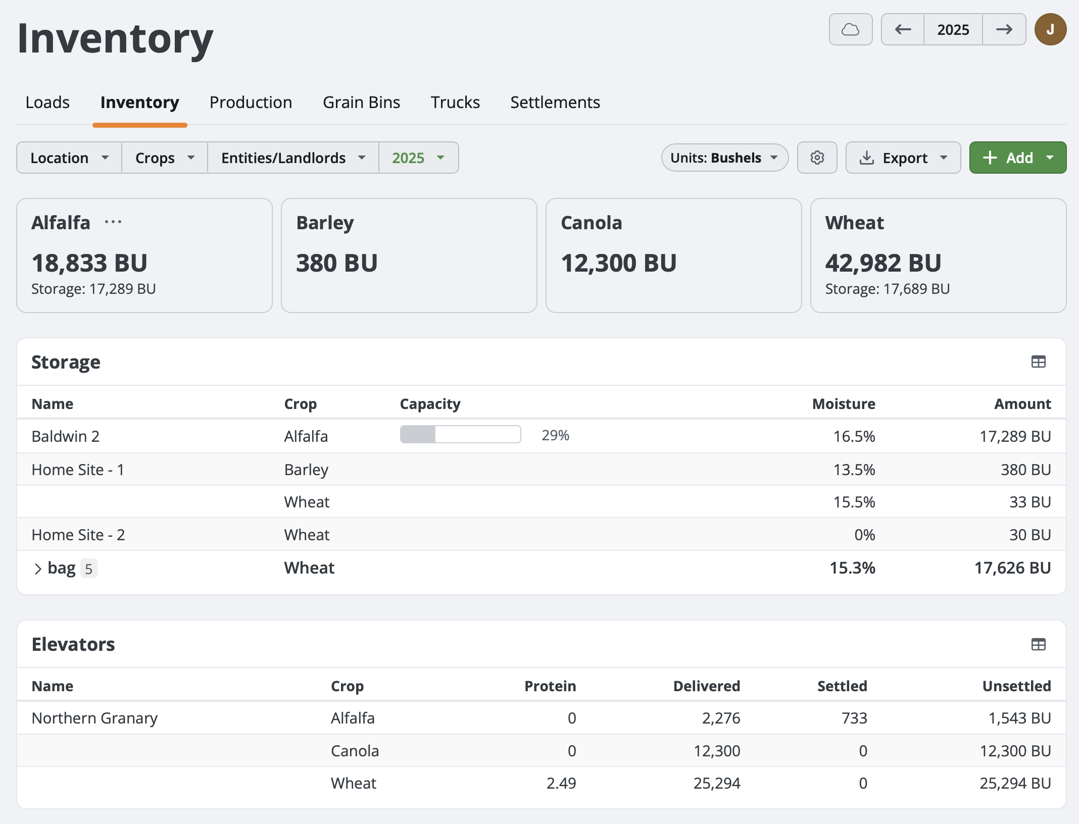 Grain inventory tracking with storage levels, commodity summary, and filters